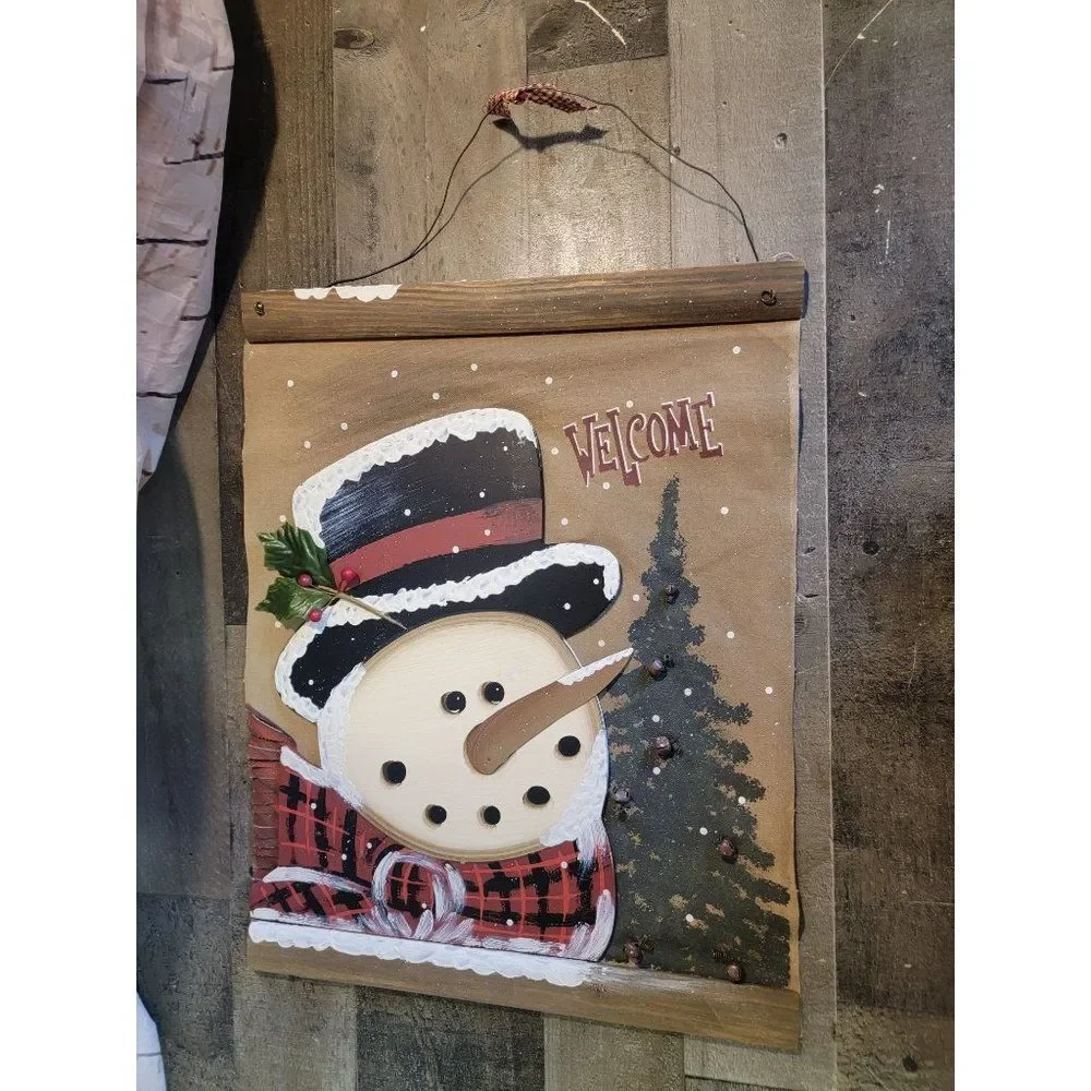 Wooden Snowman canvas welcome bell xmas tree flag banner decor snow Mistletoe